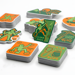 Climbing club custom vinyl stickers stacked together, showing a bulk order solution for businesses promotion campaigns.
