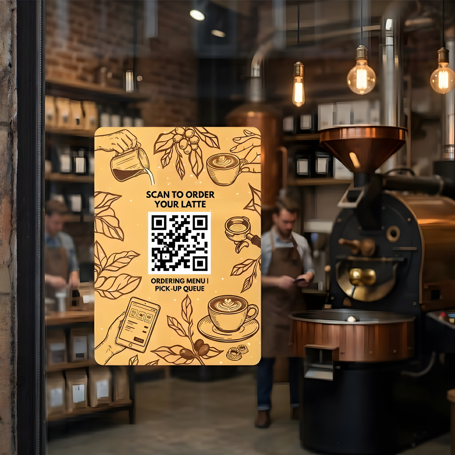 A square QR code sticker on a cafe window with a yellow and brown theme, featuring latte art illustrations and text prompting customers to scan to order a latte.