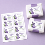 Custom rectangle labels with lavender handmade soap design applied on wrapped soap bars and a sticker sheet.