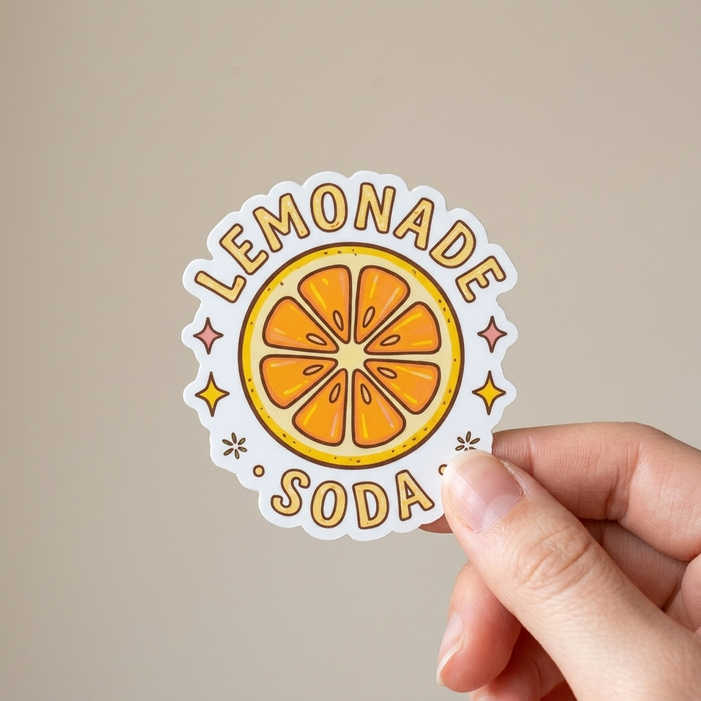 Hand holding a lemonade soda vinyl die cut sticker with lemon slice design