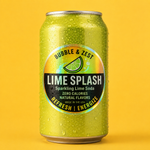 Close-up of a custom holographic label with lime splash soda design applied on a chilled condensation-covered can.