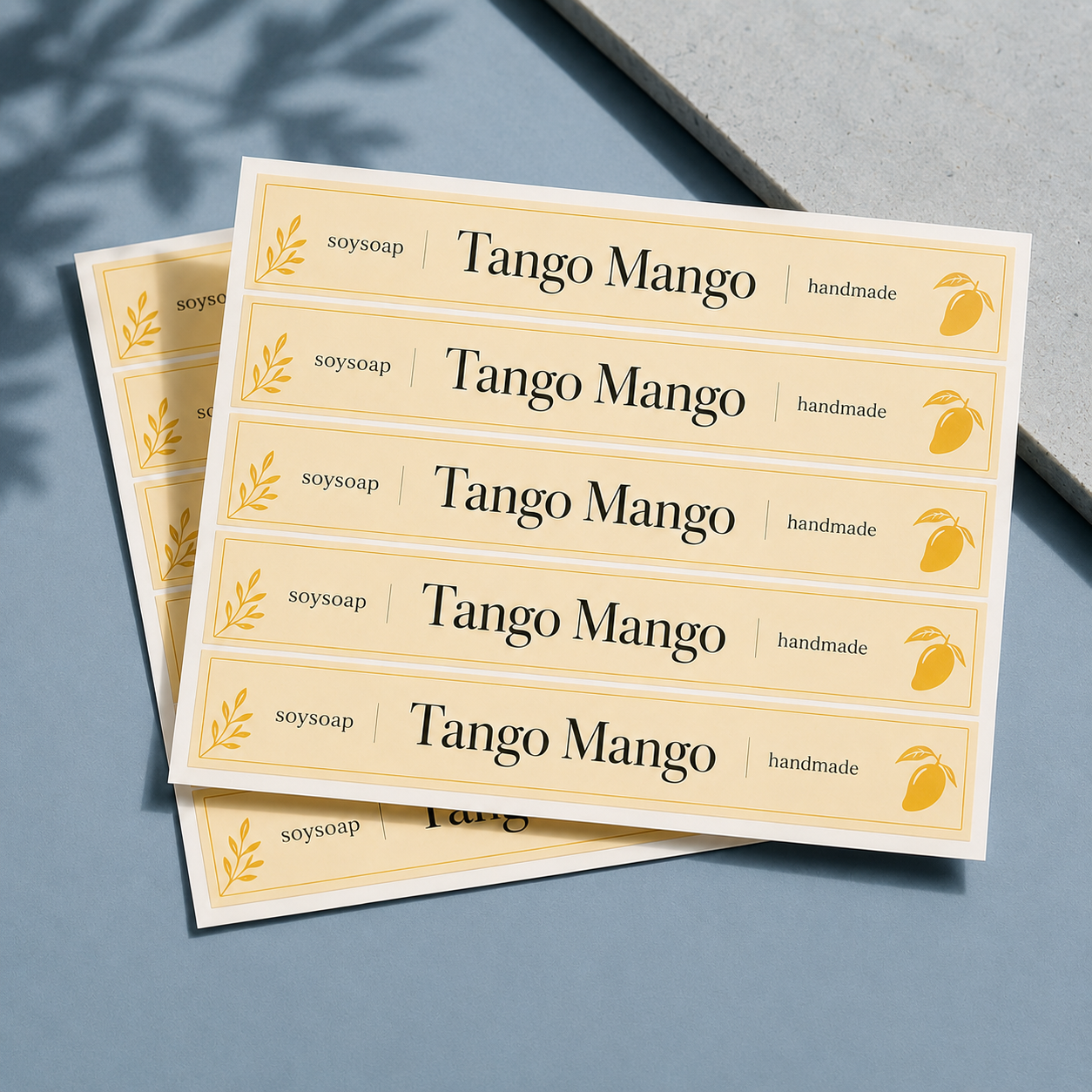 Long rectangle soap label sheets with Tango Mango handmade branding