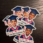 A pile of custom Look Who's Graduated photo stickers featuring children wearing graduation caps and gowns.