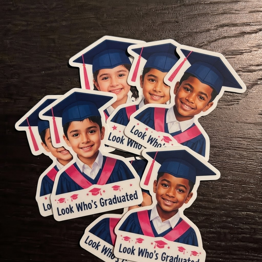 A pile of custom Look Who's Graduated photo stickers featuring children wearing graduation caps and gowns.