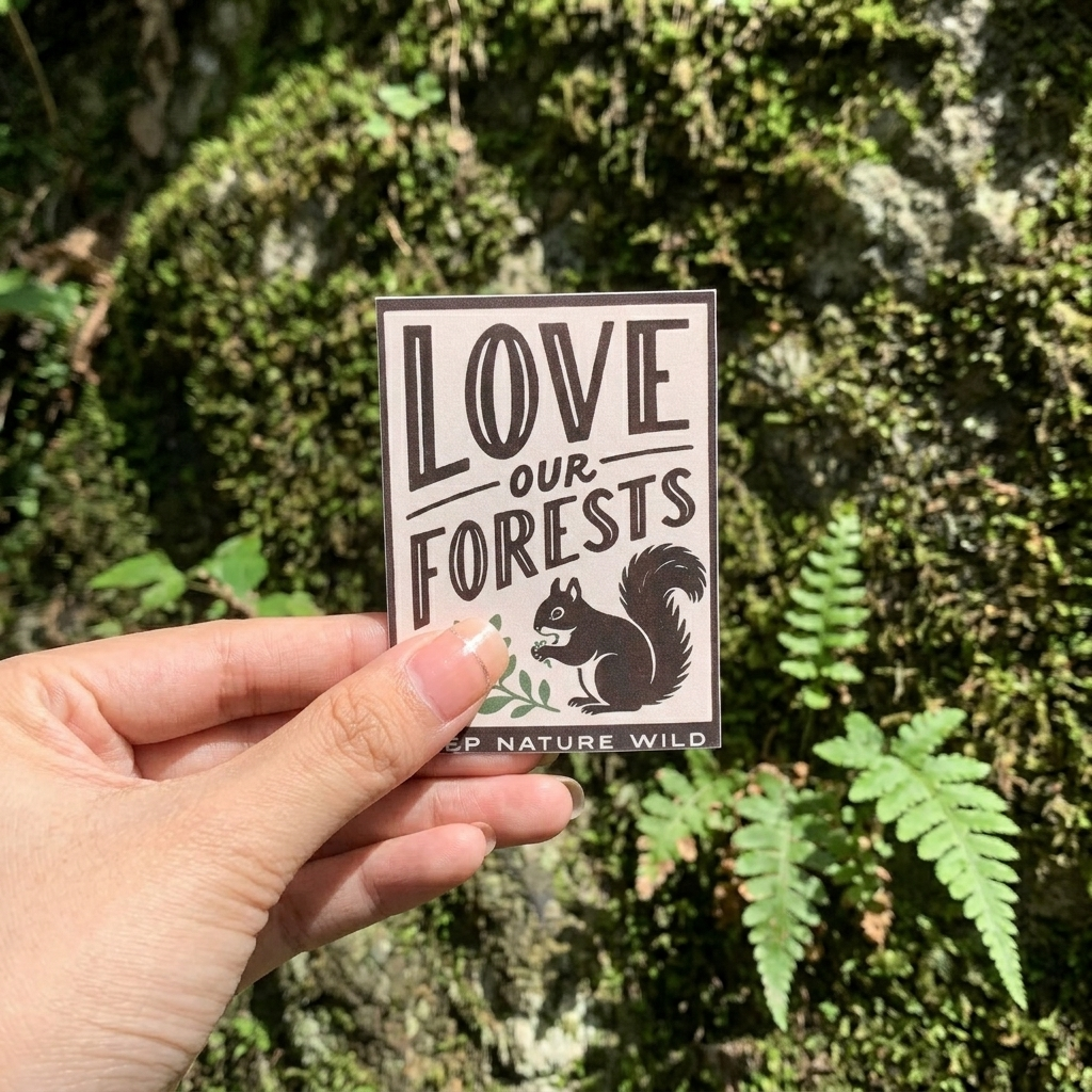 Hand holding a 'Love Our Forests' vinyl sticker with clean cutting and full-color printing