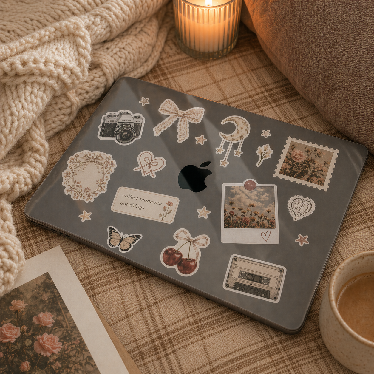 macbook with decorative stickers on a cozy surface with a candle and mug.