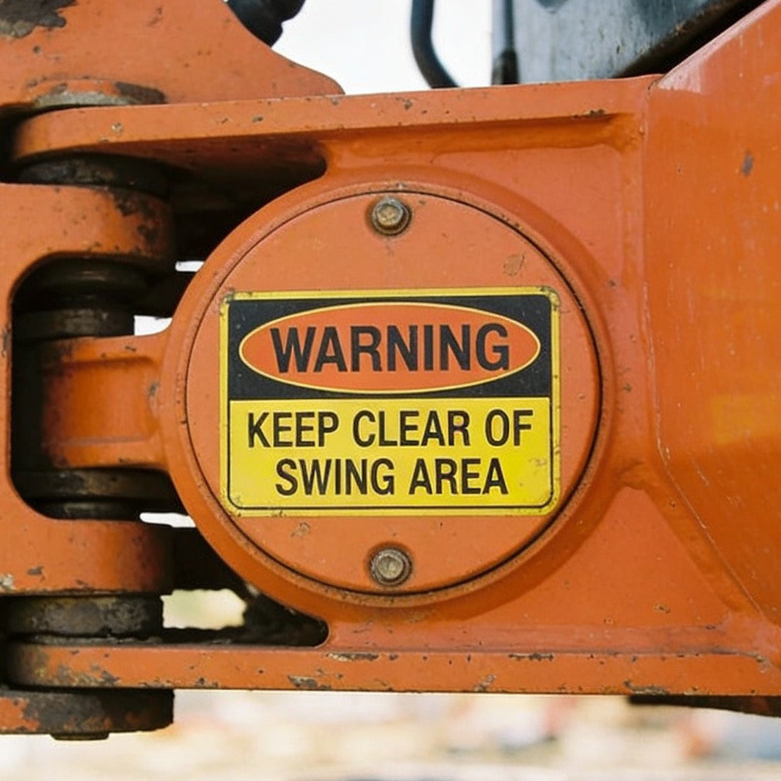 Warning sign on machinery reading “Keep Clear of Swing Area,” printed on heavy-duty vinyl stickers designed for equipment, metal surfaces, and outdoor use.