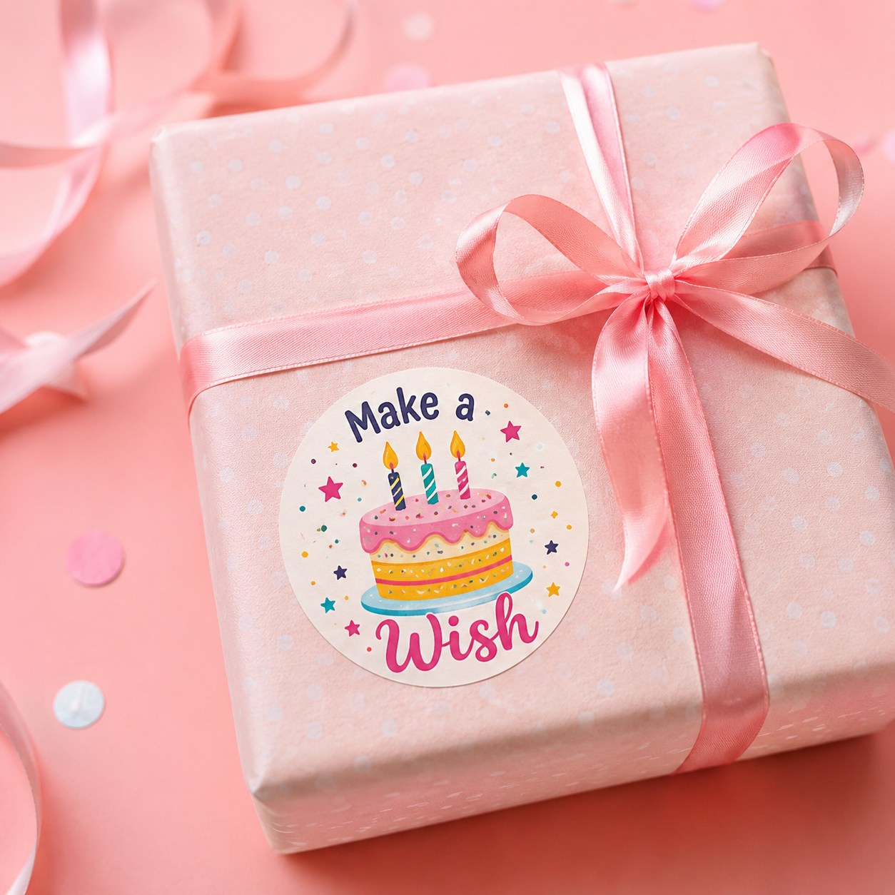 Decorative "Make a Wish" circular birthday sticker with a colorful cake illustration, used as a gift wrap seal on a pink polka-dot present with a satin ribbon.