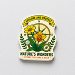 High-quality matte finish sticker with "Nature's Wonders" text, featuring detailed botanical illustrations of flowers and a compass, showing a premium thick-cut edge.