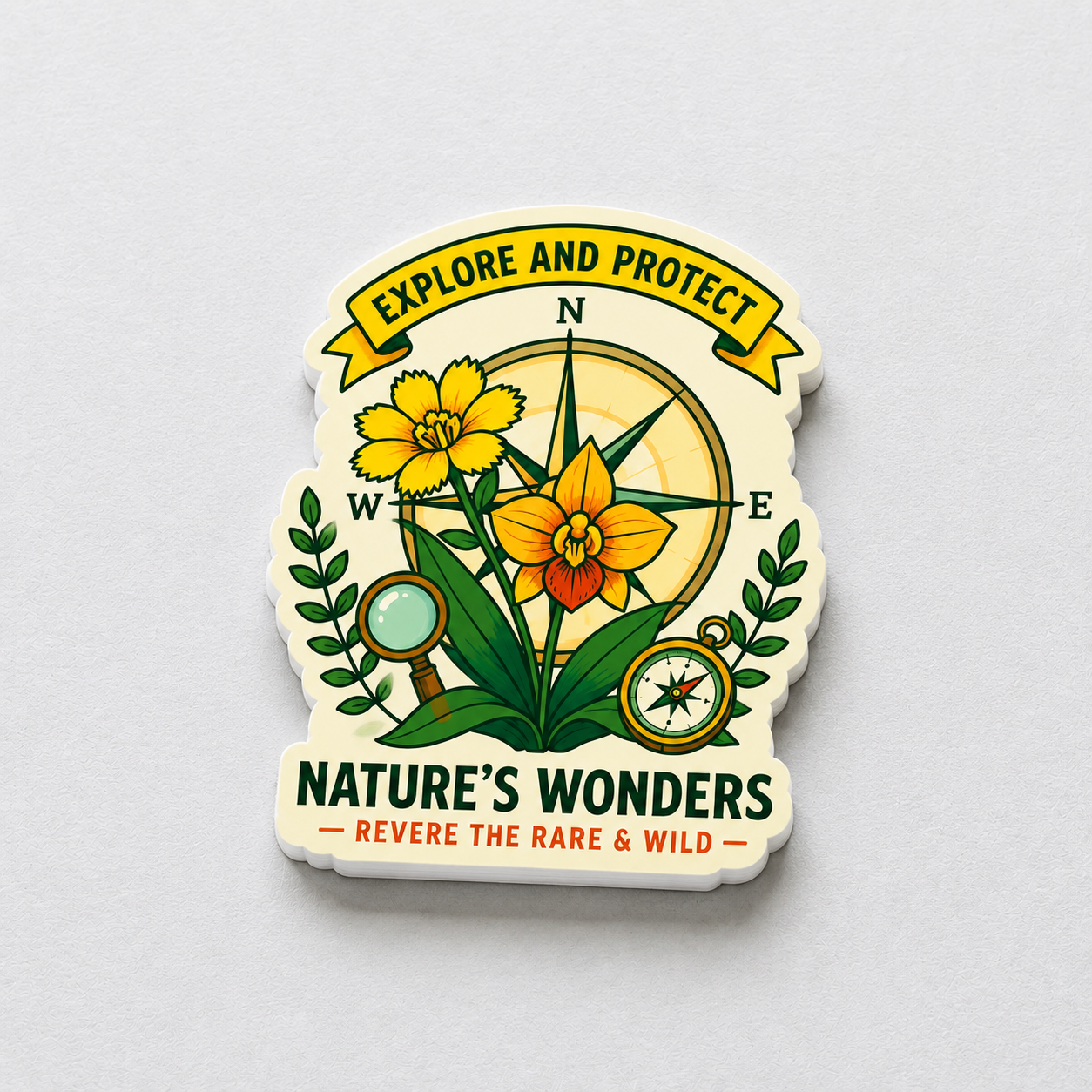 High-quality matte finish sticker with "Nature's Wonders" text, featuring detailed botanical illustrations of flowers and a compass, showing a premium thick-cut edge.