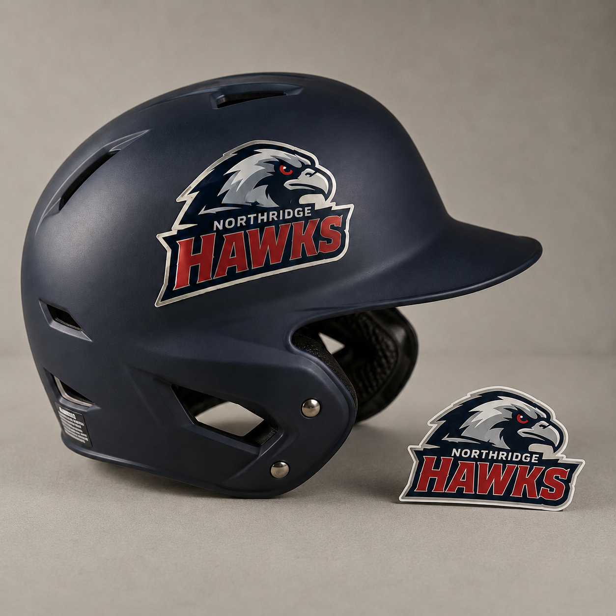Matte navy blue baseball batting helmet featuring a Northridge Hawks logo decal on the side, displayed with a loose die-cut vinyl helmet sticker.