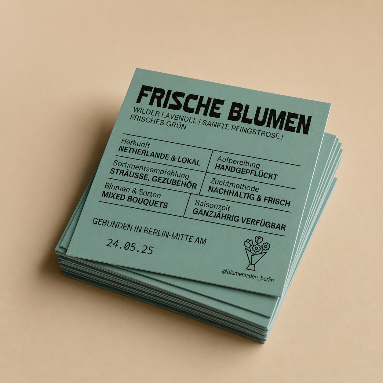 Stack of matte custom square stickers with a flower market inspired design