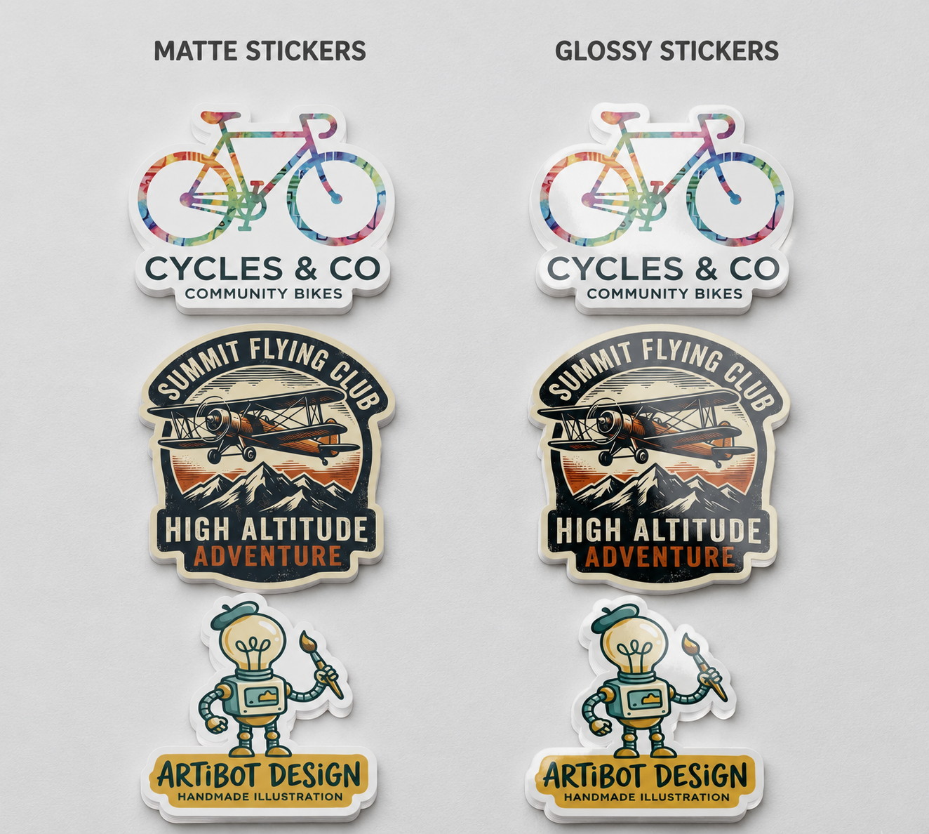 Side-by-side comparison of Matte and Glossy vinyl stickers showing the difference between a smooth non-reflective finish and a shiny high-gloss finish.