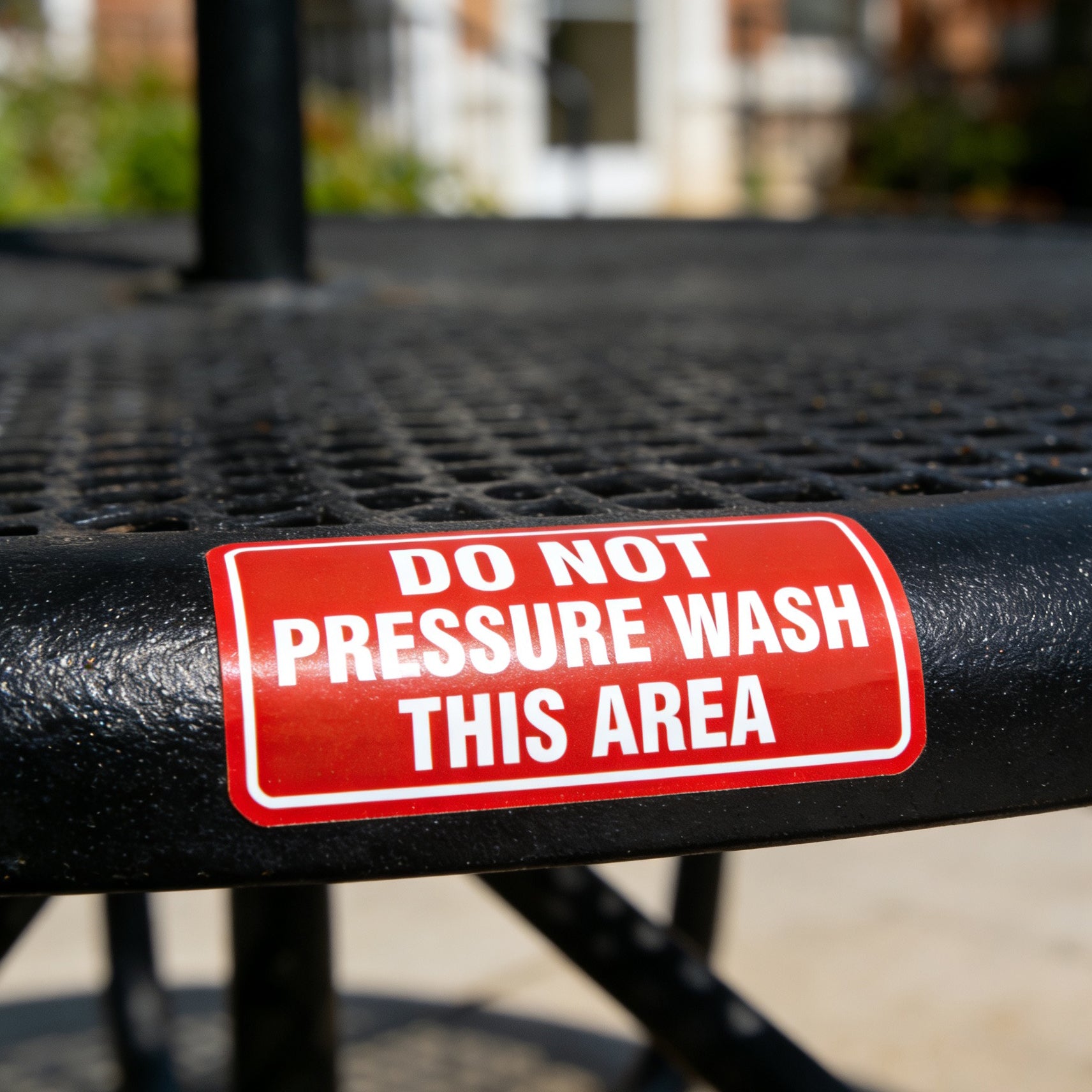 Red warning sign on a black metal surface with 'Do Not Pressure Wash This Area' text.