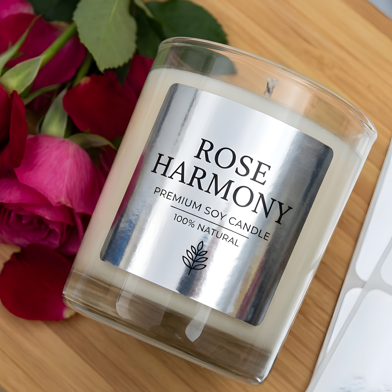 Custom metallic silver label applied to a glass soy candle jar beside red roses.