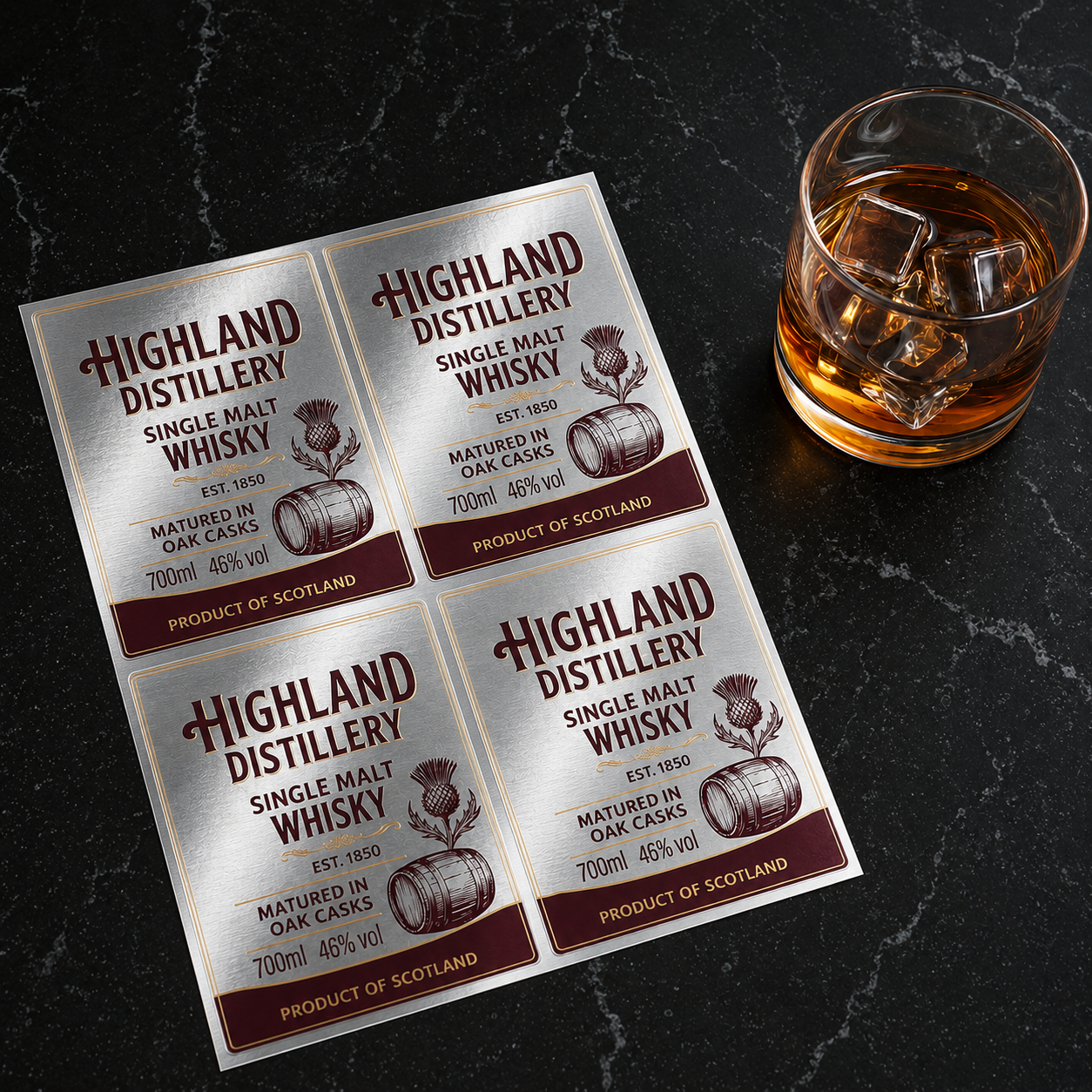 Custom metallic silver vinyl whisky label sheets displayed beside a glass of whisky with ice on a black marble surface.