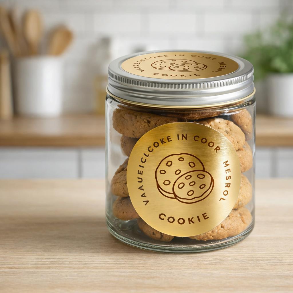 Jar of cookies branded with matte gold stickers on a kitchen counter, with a polished foil-like effect