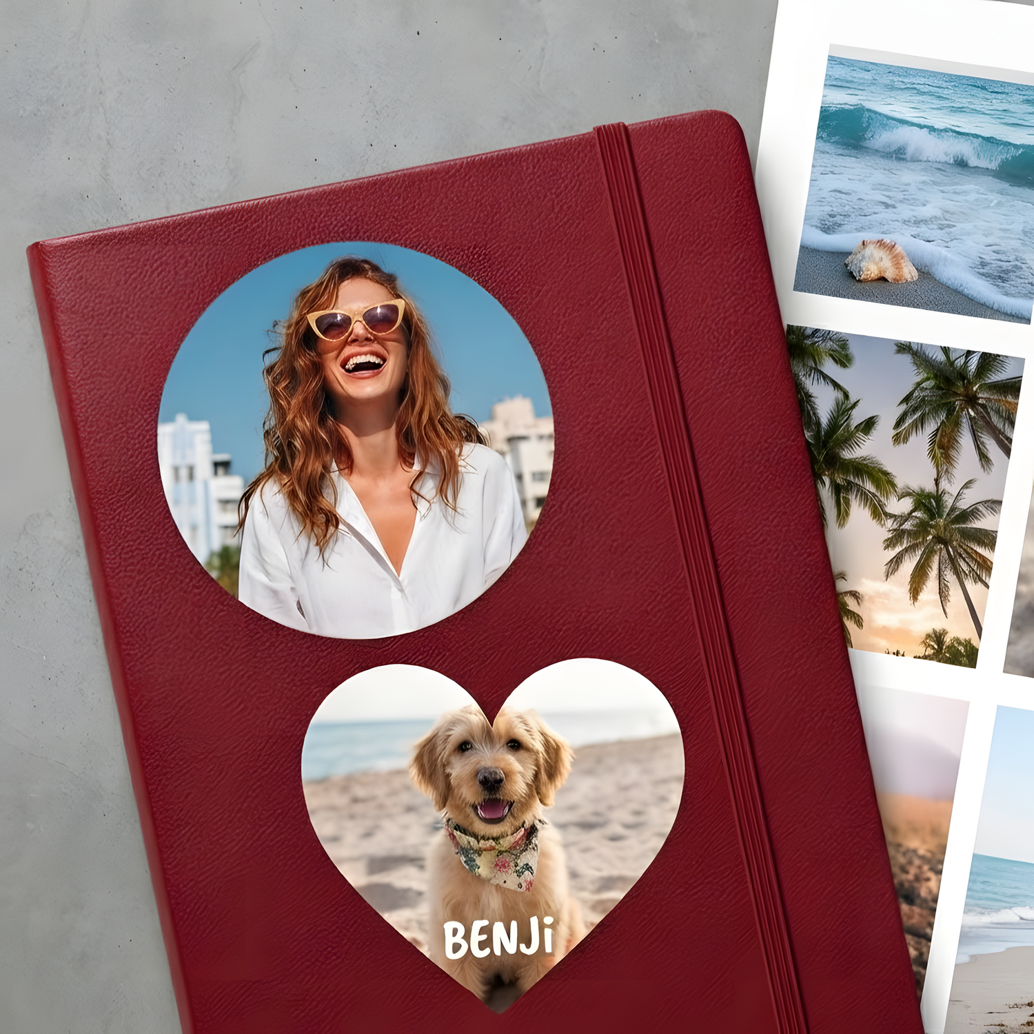 Personalized photo stickers of dog and beach scenes displayed on a red notebook on a grey desk