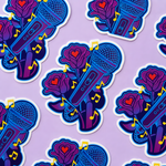 Pattern of die-cut vinyl stickers featuring a purple microphone surrounded by blooming roses and musical notes on a light purple background.