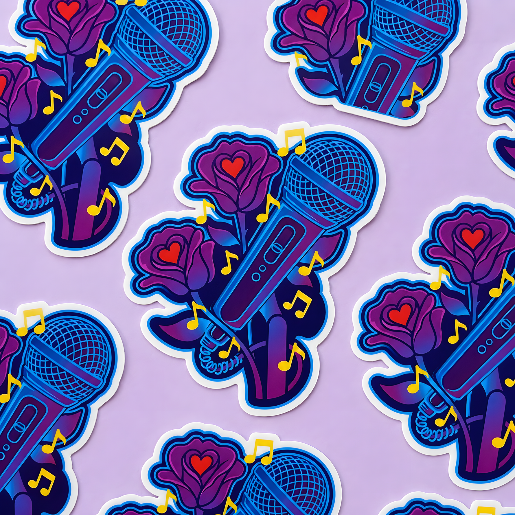 Pattern of die-cut vinyl stickers featuring a purple microphone surrounded by blooming roses and musical notes on a light purple background.