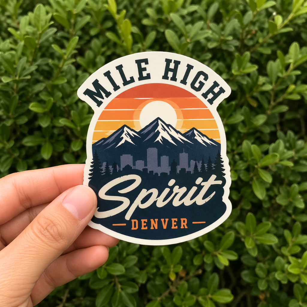 A hand holding a die-cut vinyl sticker featuring a Denver "Mile High Spirit" design with mountains, a sunset, and a city skyline against a green leafy background.