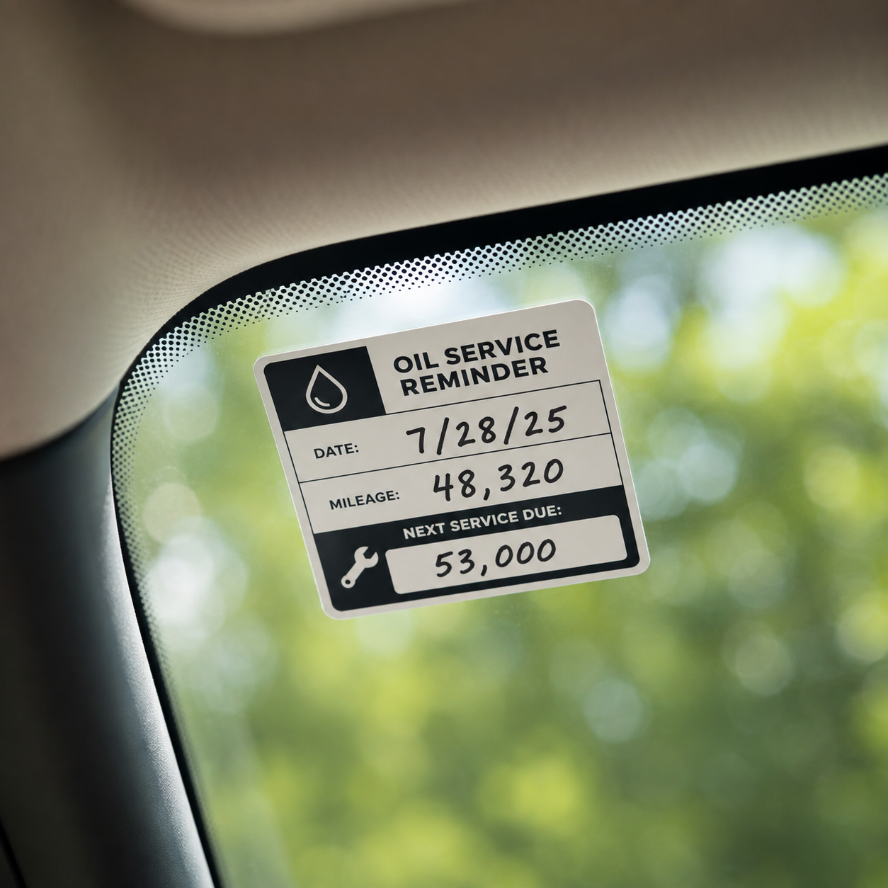Minimalist black and white custom oil service reminder sticker on a car windshield.