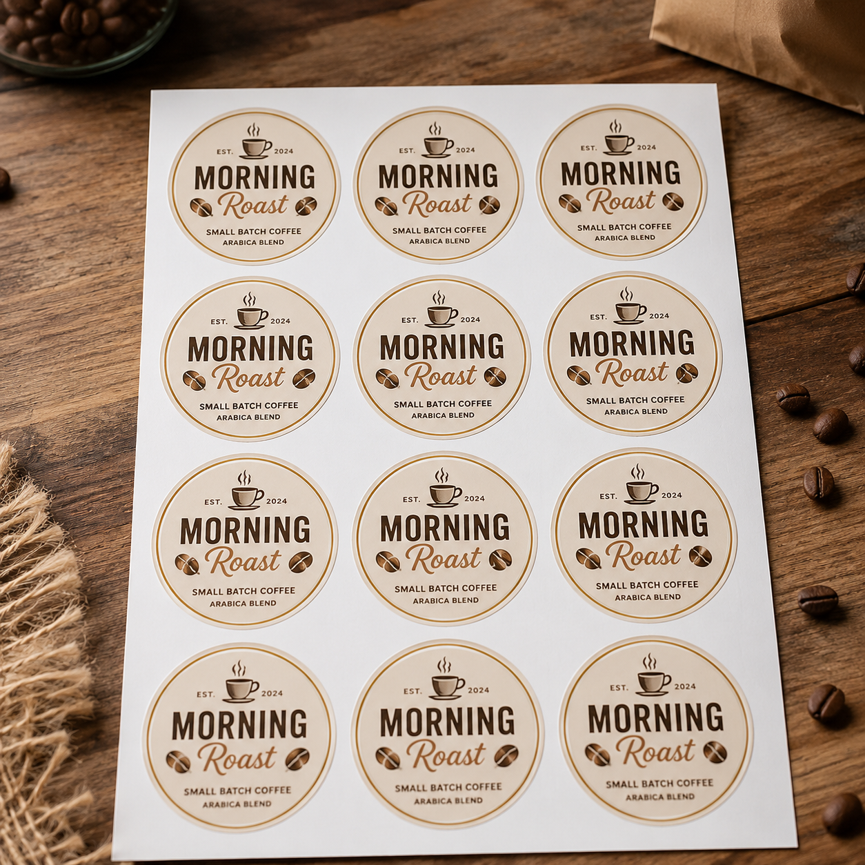 Top-down view of a printed sheet of 12 circular coffee brand stickers with a vintage aesthetic, featuring 'Morning Roast' logo on a wooden background.