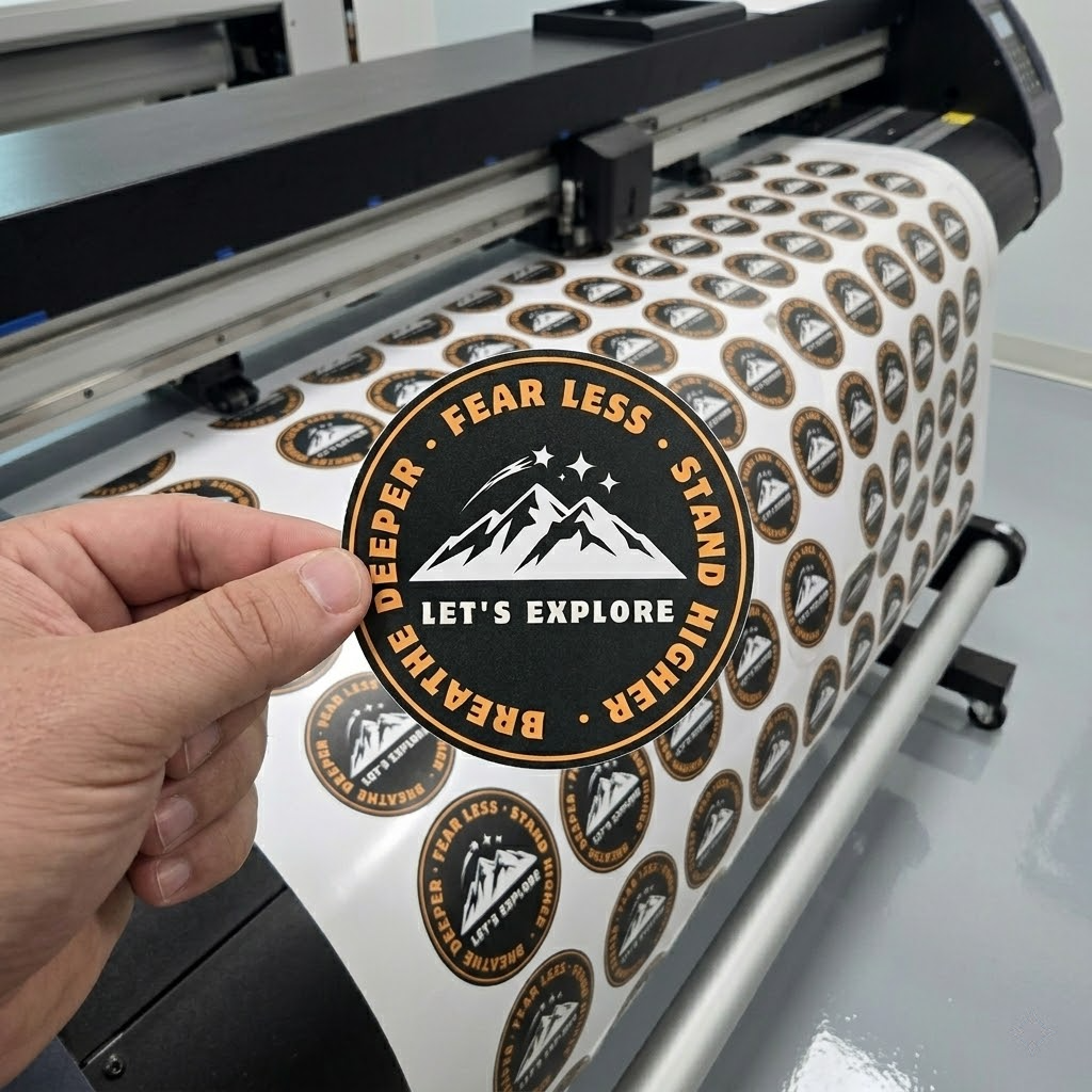 Hand holding a printed mountain exploration vinyl sticker with mountain design and text in front of a large printing machine.
