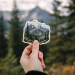 Personalized photo sticker held in nature – custom photo stickers for outdoor memories and travel keepsakes