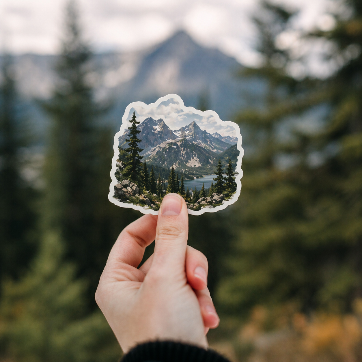 Personalized photo sticker held in nature – custom photo stickers for outdoor memories and travel keepsakes