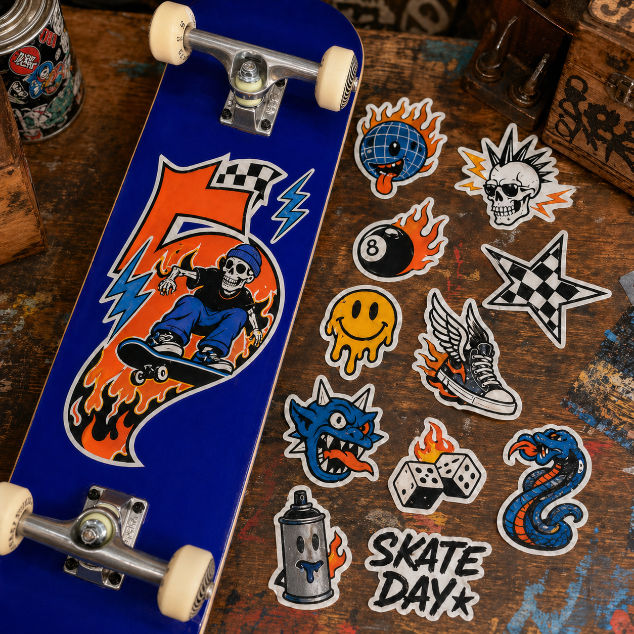 A collection of multi-colored custom skateboard stickers and decals on a wooden table.