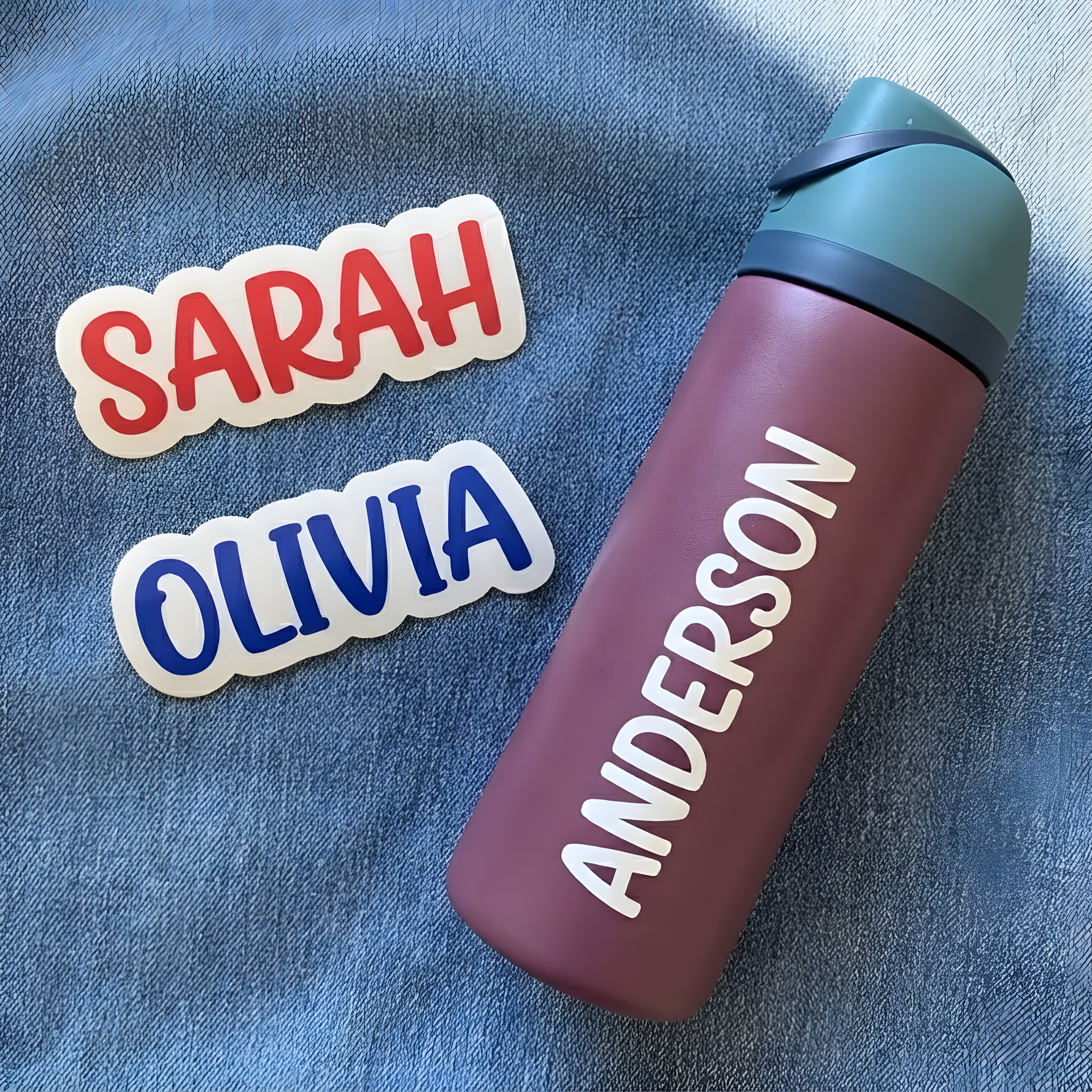 Sarah, Olivia, and Anderson name stickers applied to a reusable water bottle.