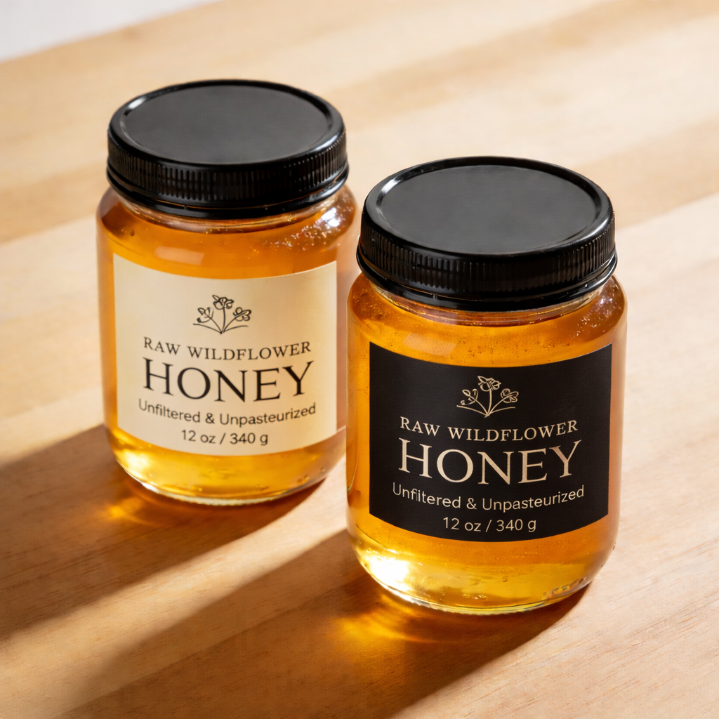 Custom honey label design on glass jars natural honey packaging branding display