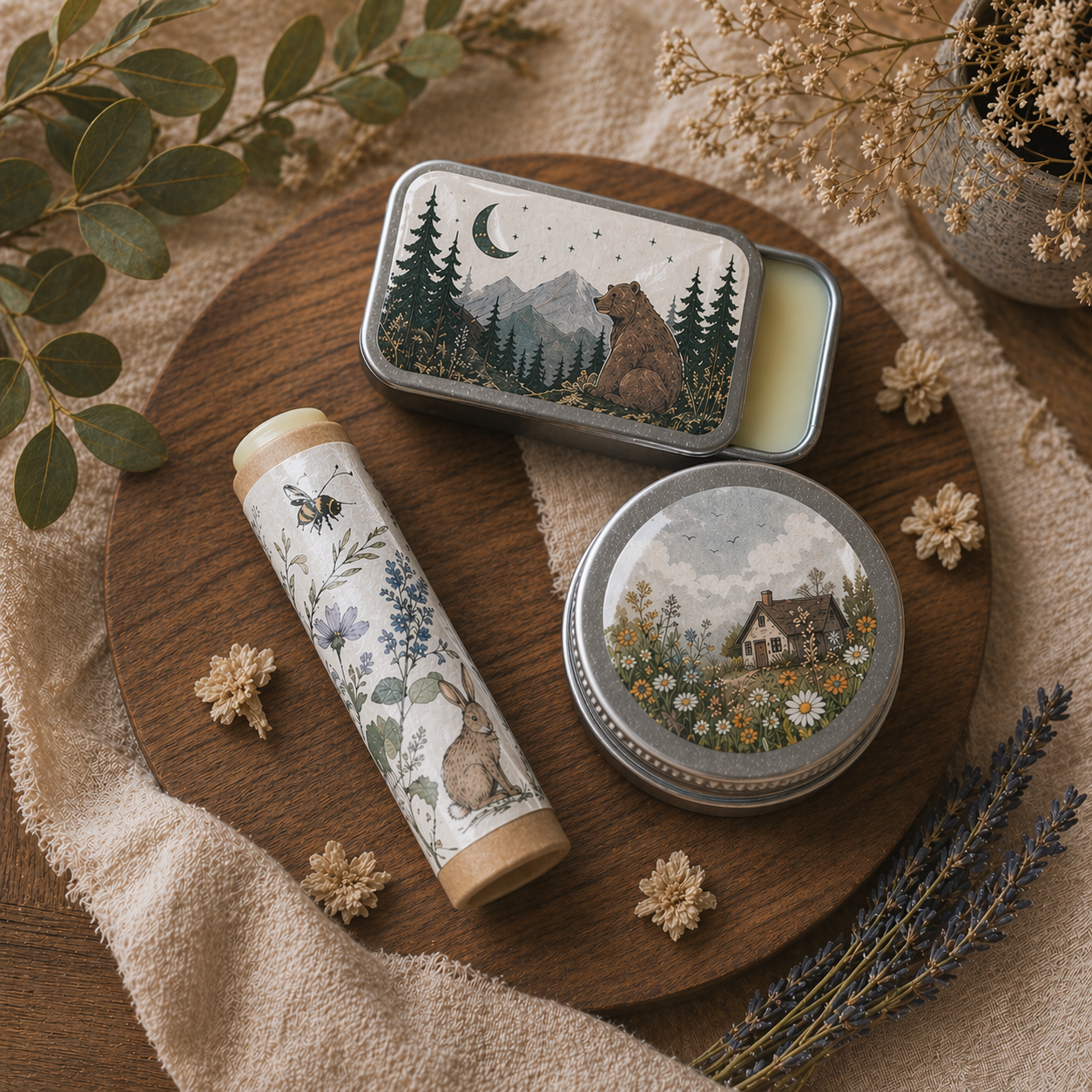customizable lip balm labels​ with nature-themed designs on a wooden surface with decorative elements.