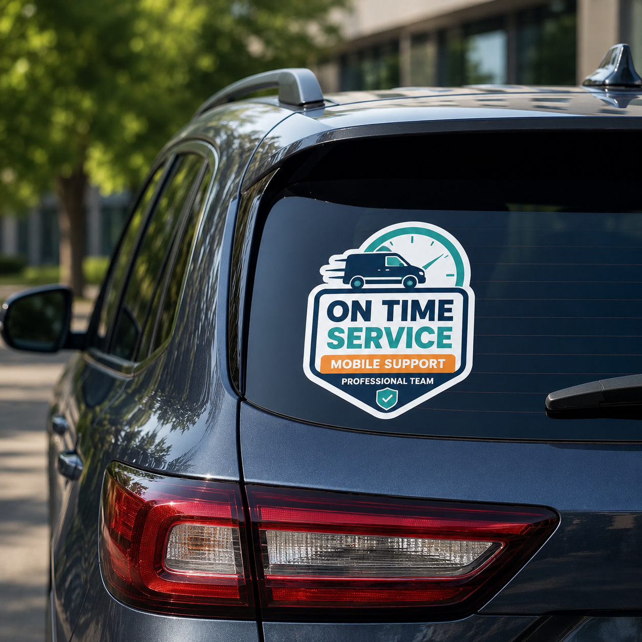 Custom shield-shaped car decal featuring 'On Time Service' text with a delivery van and clock icon on a rear car window.