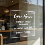 Storefront with open hours sign transparent reusable window clings on a glass door for business