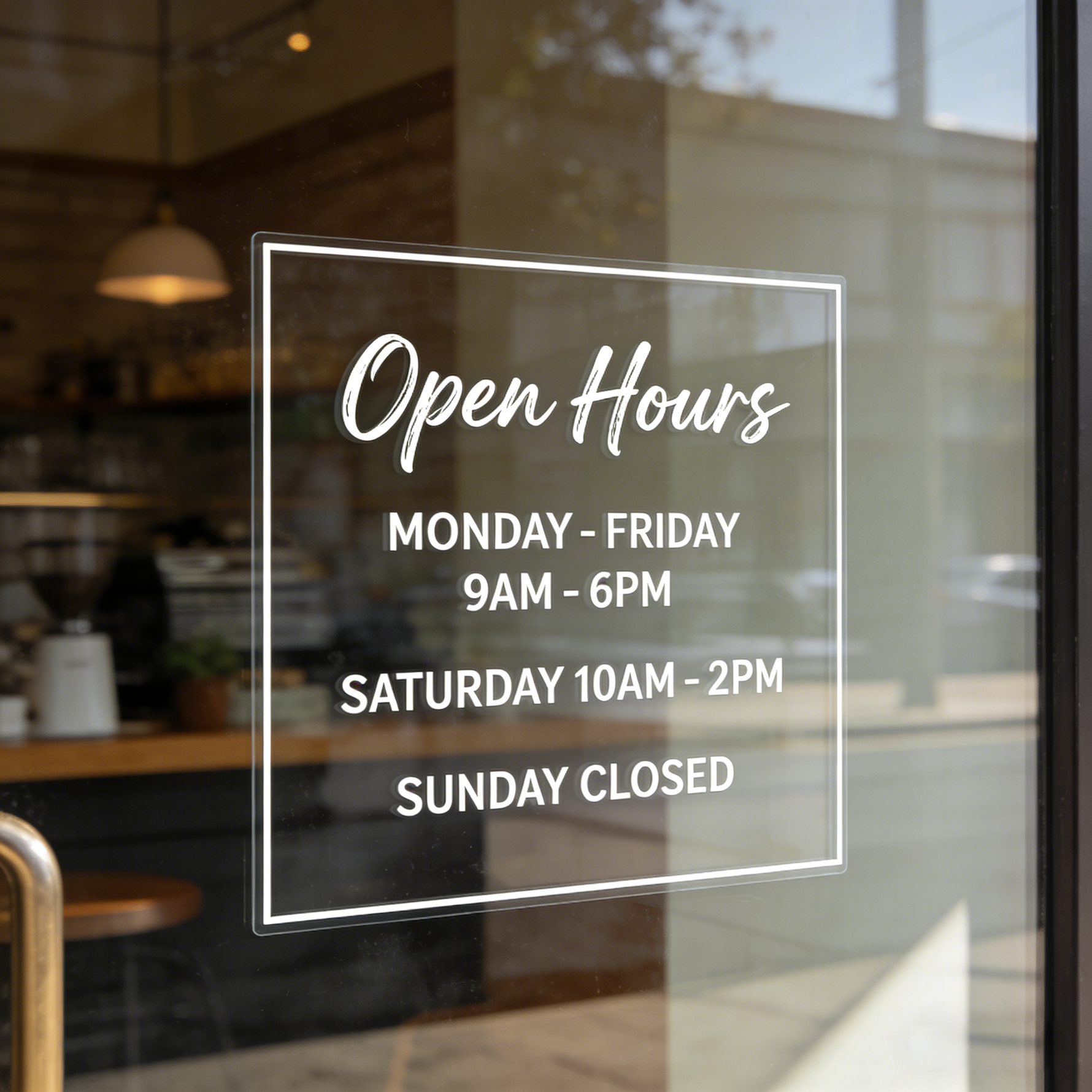 Storefront with open hours sign transparent reusable window clings on a glass door for business