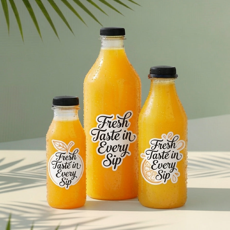 Three bottles of orange juice with 'Fresh Taste in Every Sip' labels on a light background, waterproof vinyl materials