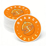 Stack of orange juice custom circle stickers on a white background, Sticker Kiko