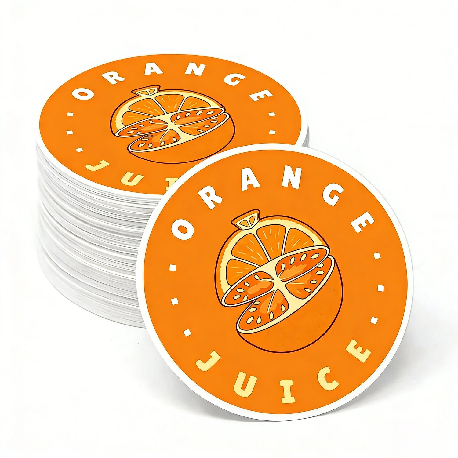Stack of orange juice custom circle stickers on a white background, Sticker Kiko