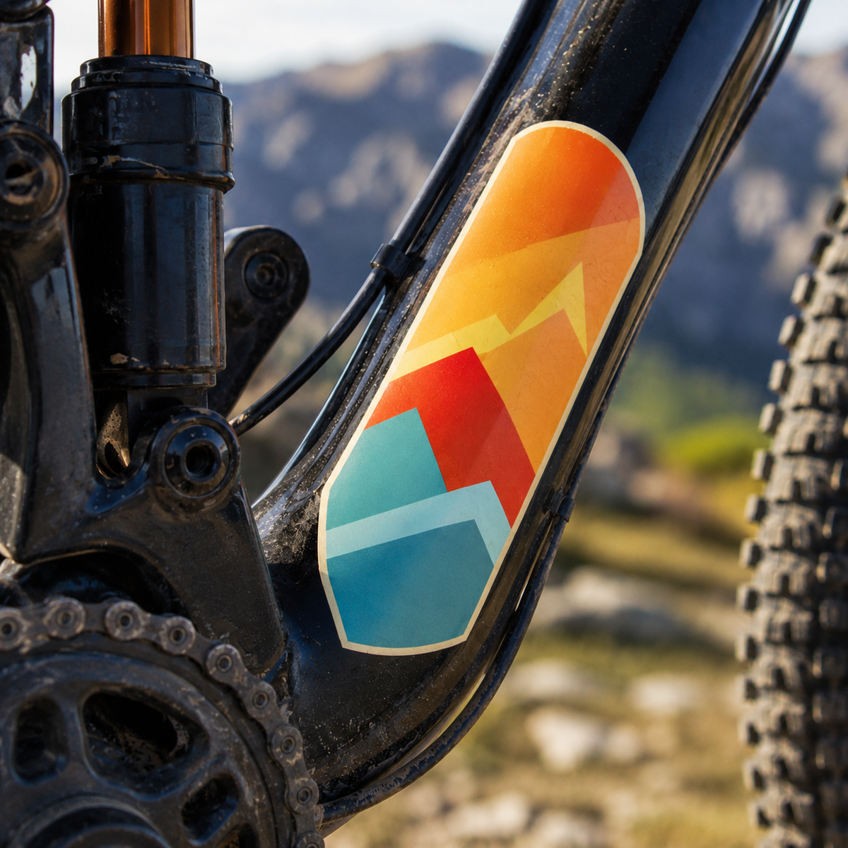 Outdoor decal featuring a colorful mountain landscape design applied to a mountain bike frame.