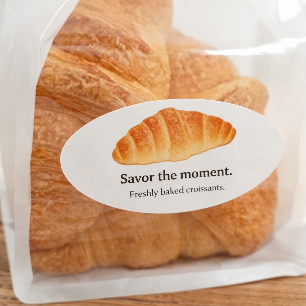 Custom oval food packaging stickers used on a bakery croissant bag to illustrate sticker application versatility.