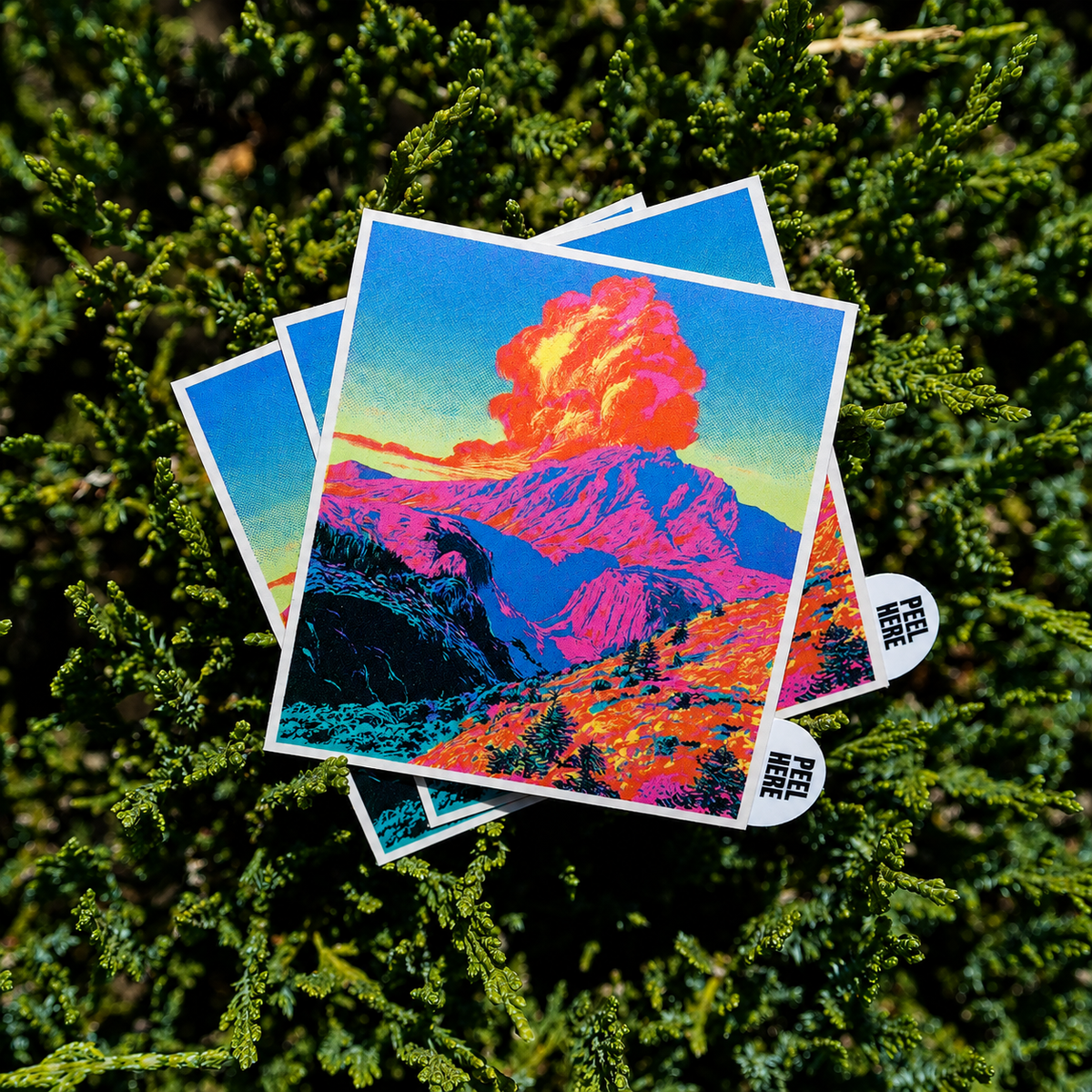Vibrant landscape peel tab stickers featuring a colorful volcano and mountains displayed on green pine foliage.