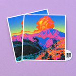 Colorful volcano landscape peel tab stickers with a peel-here tab, shown against a soft purple background.