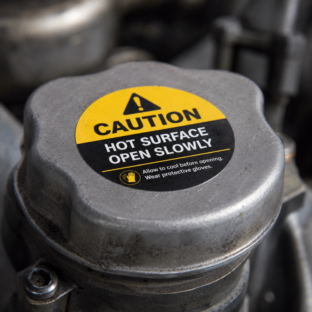 Durable permanent caution sticker applied to a hot metal machinery surface, featuring "Hot Surface Open Slowly" warning text with heat-resistant adhesive.