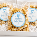 Personalized baby shower favor labels on clear snack bags for guests