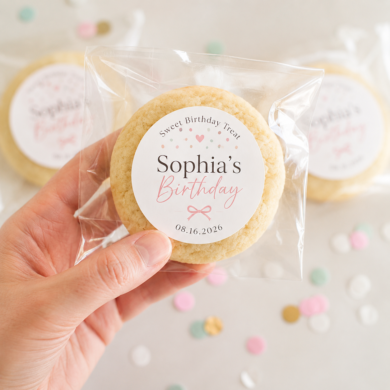 Custom personalized birthday favor sticker for "Sophia's Birthday" with a date and pink bow, shown on individual clear cookie packaging as a party treat label.