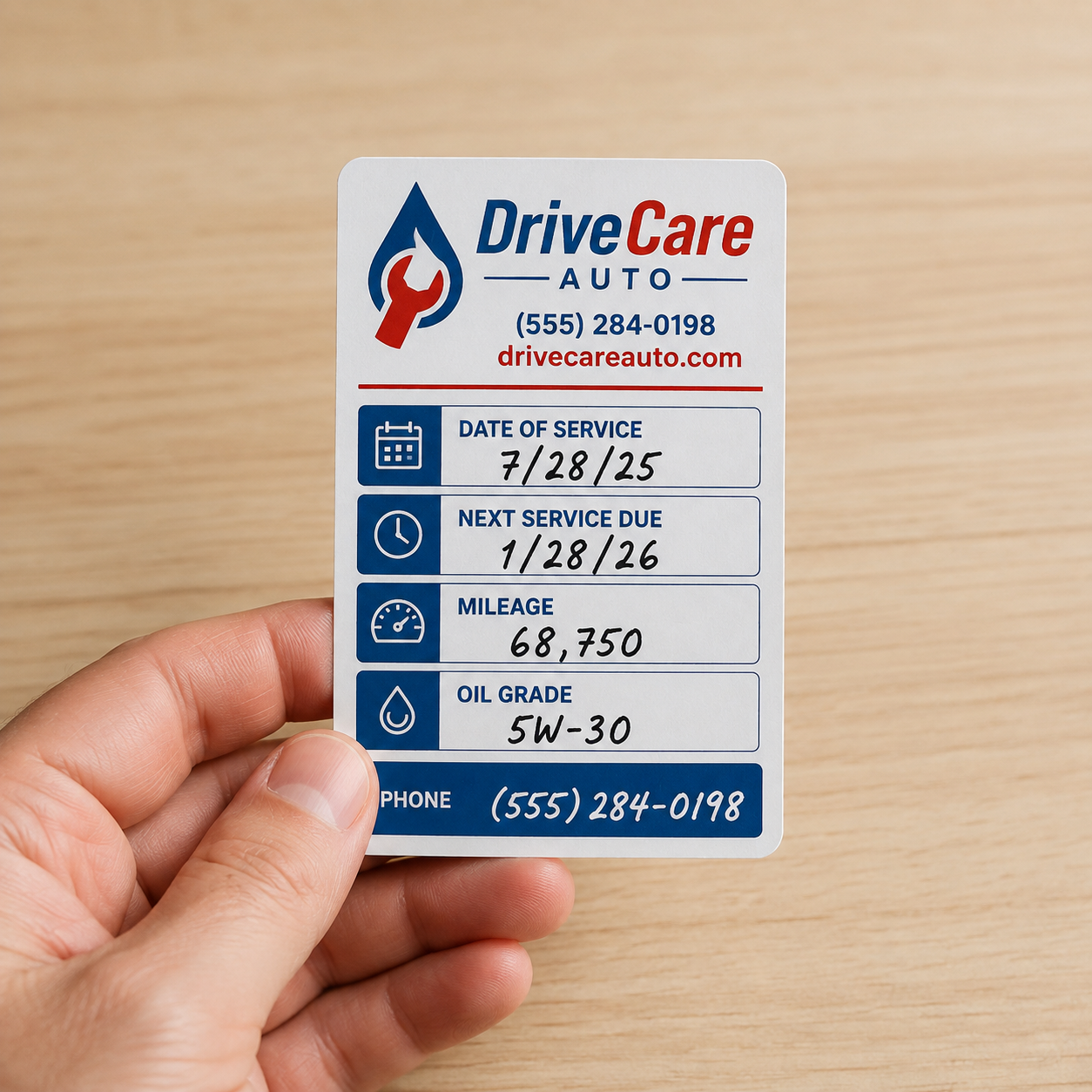 Personalized Drive Care Auto service sticker displaying date, mileage, oil grade, and phone number.