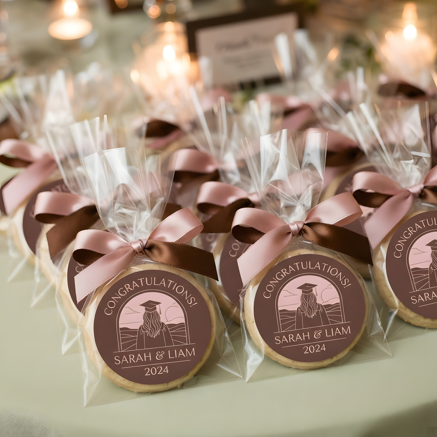 Wrapped graduation party favor cookies with custom pink and brown labels reading Congratulations Sarah & Liam 2024.