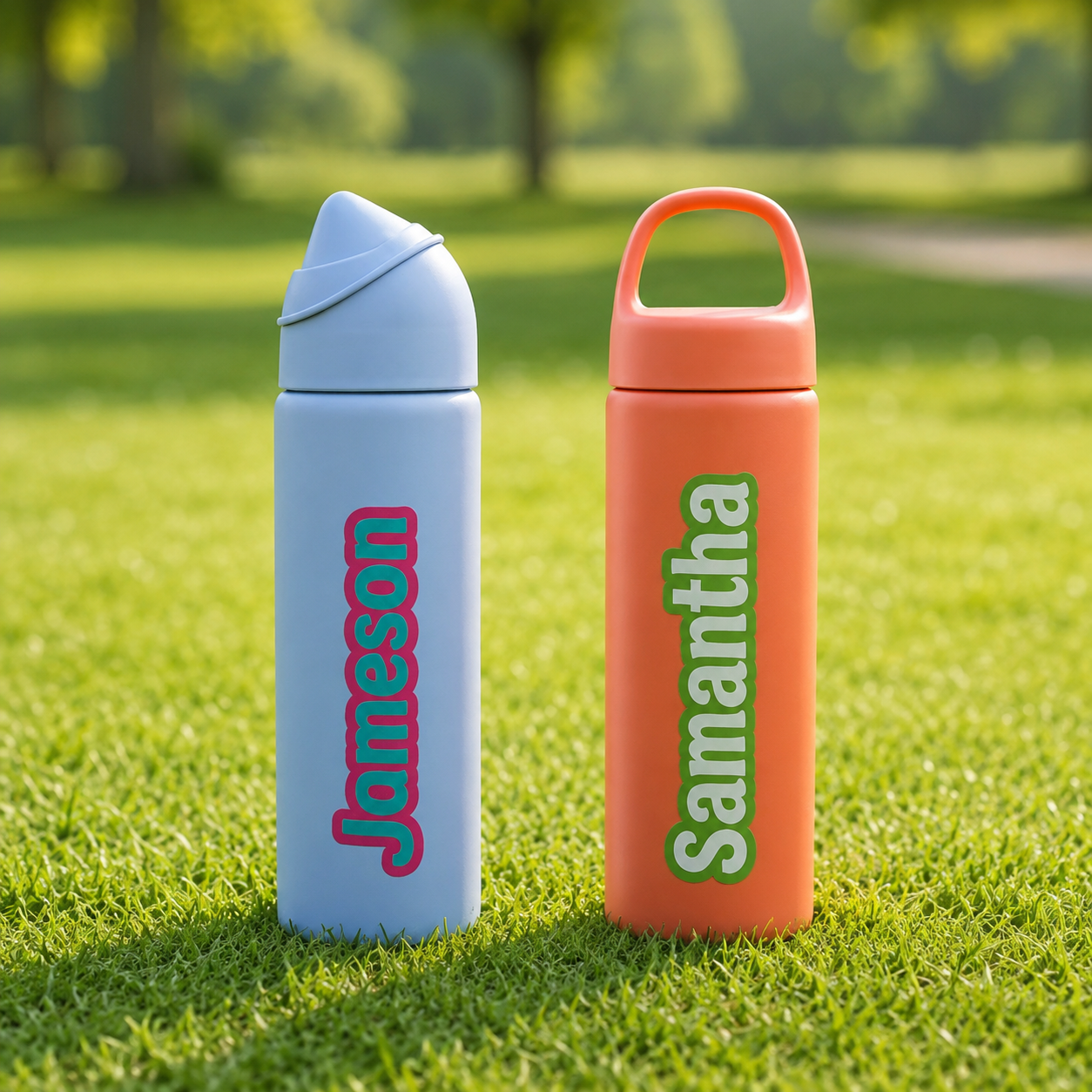 Jameson and Samantha personalized name stickers applied to reusable bottles outdoors.